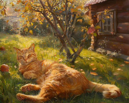 An orange tabby cat enjoys a peaceful nap in a rustic autumn setting, surrounded by fallen leaves and a traditional log cabin. The scene evokes a storybook charm and nostalgiaの素材