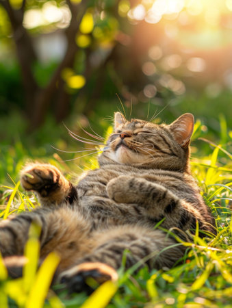 A tabby cat luxuriously stretches amidst vibrant green grass, soaking up the gentle rays of the afternoon sun. Its expression is one of complete relaxation and blissの素材