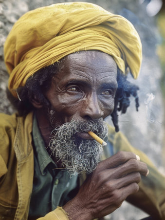 An rastafarian elderly man with a yellow turban and a characterful beard smokes a cigarette. His face tells a story of a life rich with experienceの素材