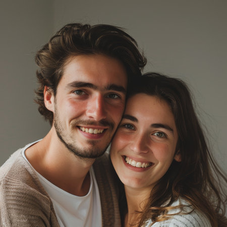A casual yet fashionable French couple embraces in a soft-lit room, sharing a connection that's both relaxed and intimateの素材