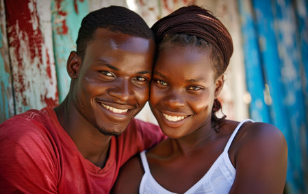 Against a backdrop of rustic charm, a Haitian couple's laughter signifies a shared moment of pure joyの素材