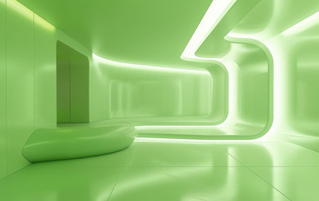 An uncluttered minimalist space curves gently, highlighted by soft green lighting. The room's sleek surfaces and fluid design evoke a peaceful, futuristic settingの素材