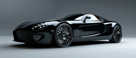 A sleek roadster in a monochrome studio, its polished black body reflecting the soft light, exuding elegance and modern design. The car's classic roadster shape hints at both speed and luxuryの素材