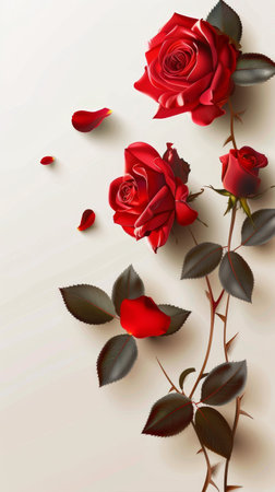 A vertical array of red roses and scattered petals creates a tranquil scene. The image captures the roses in various states of bloom, conveying a natural and serene aestheticの素材