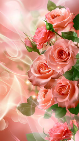 An ethereal display of pink roses with a glowing, magical backdrop creates a dreamy and enchanting visual experience. The image radiates warmth and romanceの素材