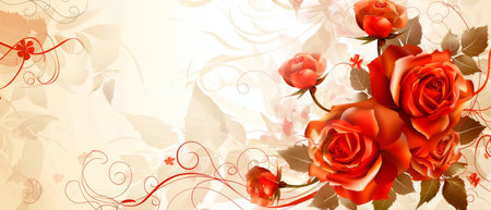 A digital artwork of ornate roses with swirls and floral motifs. The warm tones and intricate design evoke a sense of fantasy and creativityの素材