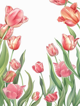 Softly lit tulips gracefully stretch towards the sky, with a clean background accentuating their delicate pink and red petalsの素材