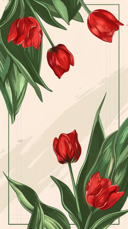 Stylized illustration of a bouquet of tulips, featuring a spectrum of red to pink hues against a pastel background for a charming vintage feelの素材