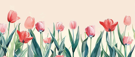 A panoramic view captures a vivid display of tulips, with contrasting pink and red hues against a minimalist background. The artwork highlights the simplistic beauty and vibrant colors of springの素材