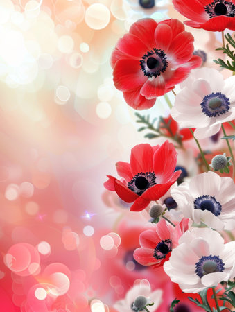 Radiant red and pure white anemones bloom vibrantly, their dark centers creating a stunning contrast against a soft, bokeh-lit backdrop. This image is a celebration of natural contrast and floral splendorの素材