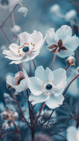A serene scene of white anemones with delicate blue centers, the image exudes calm and tranquility. It's a poetic interpretation of floral beautyの素材