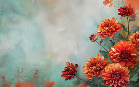 A creative display of orange dahlia flowers on a textured canvas with splashes of paint. The artwork blends floral beauty with an abstract, painterly touchの素材