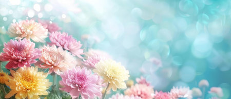 Pastel chrysanthemums bloom with soft focus bokeh lights in the background. The image is a dreamy blend of flora and light, perfect for a gentle moodの素材