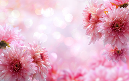 Soft pink chrysanthemums emerge amidst a radiant glow, their petals unfolding in the delicate light. This ethereal scene captures the essence of spring with a tender and inviting warmthの素材