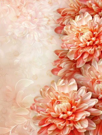 Elegant peach chrysanthemums cascade down a textured backdrop, their petals exuding warmth and sophistication. The image captures the essence of a romantic, floral dreamの素材