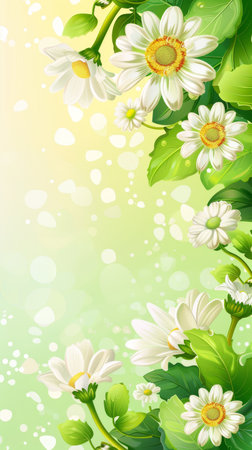 Fresh white daisies with sunny centers spring forth on a vibrant green backdrop, creating a cheerful, inviting scene. The image exudes freshness and the lively spirit of springの素材