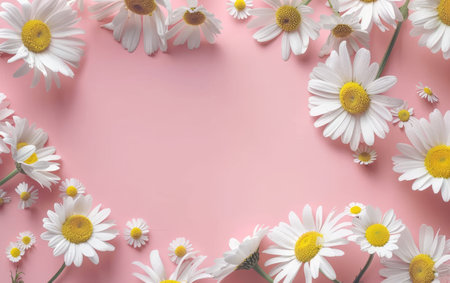 White daisies with sunny cores grace a blush pink canvas, their scattered arrangement creating a dance of shadows and light. This image is a celebration of delicate beauty and soft contrastsの素材