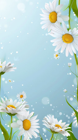 A vibrant collection of daisies dances along the edges, framing a clear azure sky. The freshness of the flowers brings a touch of spring to the serene backdropの素材
