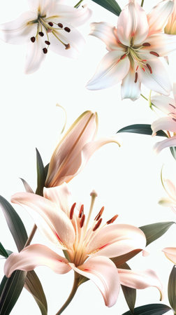 Elegant lilies unfold in soft light, their delicate petals and striking stamens exuding grace and purity. The image is a serene portrayal of these classic blooms in full splendorの素材