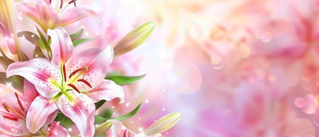 Radiant pink lily blossoms catch the soft light, their petals adorned with delicate spots. The backdrop glows with a warm, bokeh effect, enhancing the flowers' natural charmの素材