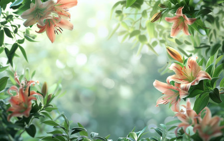 A tranquil forest of lilies emerges in soft focus, with hints of peach and green providing a peaceful sanctuary. The image is a serene encounter with nature's quiet beautyの素材