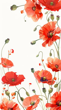 Vivid red poppies with delicate petals elegantly cascade against a pristine white background, creating a striking visual contrastの素材