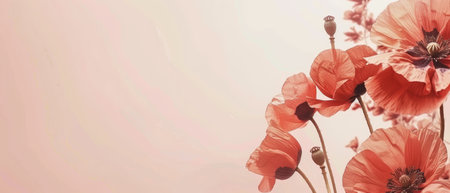 Soft pastel poppies gently bloom against a warm peach background, embodying subtle elegance and a serene aestheticの素材