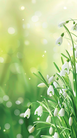 Verdant leaves cradle the drooping heads of snowdrops, with shimmering light particles enhancing their delicate allure against a backdrop of spring's vitalityの素材