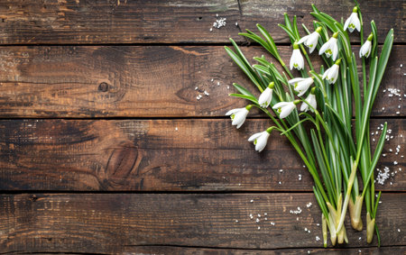 Snowdrops laid upon a rustic wooden texture, blending the delicate signs of spring with the warmth of a country settingの素材