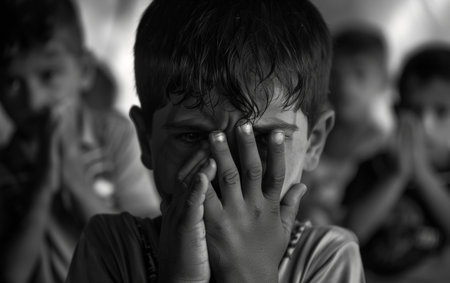 A child peeks through fingers over his eyes in a black and white photograph, his shyness juxtaposed with the playful gestures of his friends.の素材