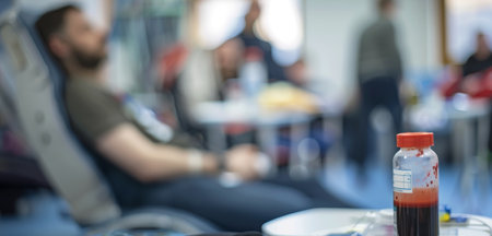 The act of giving is captured in a blood donation center, where a donor relaxes while contributing to the vital cause, with a focus on the blood-filled bottleの素材
