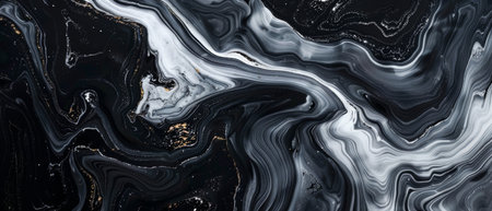 A captivating swirl of black and white marble creates an artistic flow in this image. The golden accents provide a luxurious contrast against the fluid marble patternsの素材
