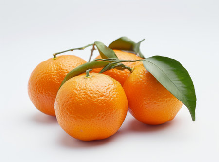 Fresh, ripe tangerines with leaves on a white background are ideal for a healthy dietの素材