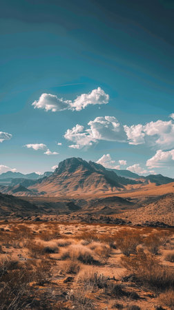 A rugged mountain stands as a sentinel over the undulating desert terrain, with a serene sky stretching above. The play of light and shadows emphasizes the textured landscape's natural splendorの素材