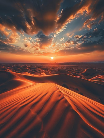 The desert sky is serenaded by a stunning sunset, with the dunes casting long shadows and the sky ablaze with colorsの素材