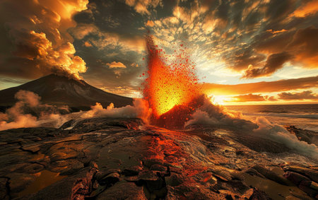 A volcanic explosion sends molten lava into the air against a sunset backdrop, with ocean waves meeting the heated spectacle in a dance of elementsの素材