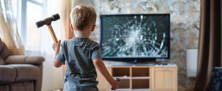 A young boy stands holding a hammer, with a cracked television screen in front of him. The image depicts a youthful error with a backdrop of domestic serenityの素材