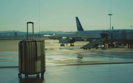 A solitary suitcase stands in a serene airport, the morning light casting long shadows as a plane waits in the distance. It's a moment of quiet anticipation at the start of a journeyの素材