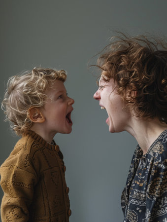 A young child in a knitted cardigan and a curly-haired woman share a moment of playful shouting, their faces alight with joy and excitementの素材