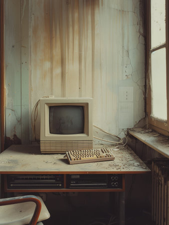A vintage computer sits on a dusty desk, abandoned in a room with peeling walls. The scene captures a forgotten era of technology, left to the ravages of timeの素材