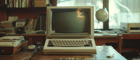 A retro computer monitor and keyboard rest on a cluttered wooden desk, surrounded by books and old tech. The composition offers a glimpse into the past of computingの素材