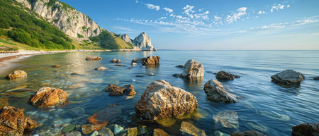 Morning light baths a rugged coastal landscape, with towering cliffs descending into a serene sea. The interplay of light and shadow accentuates the textures of the rocks and waterの素材