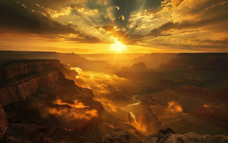Sunbeams dance through clouds over the Grand Canyon, highlighting the winding river below. The golden hour brings a magical quality to this ancient landscapeの素材