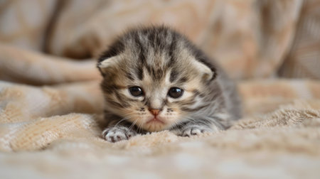 Cute kitten with big eyes lying on a cozy blanketの素材