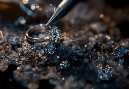 Close-up of a diamond ring with tweeters set on sparkling gemstones, emphasizing luxury and precision. The work process of a jewelerの素材