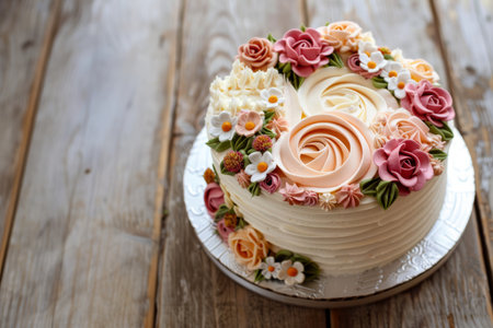 A beautifully decorated cake with floral icing on a rustic wooden surface, illuminated by natural lightの素材