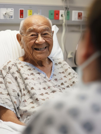 The wide, genuine smile of an elderly patient converses with a blurred visitor, highlighting the human connection in the midst of healingの素材