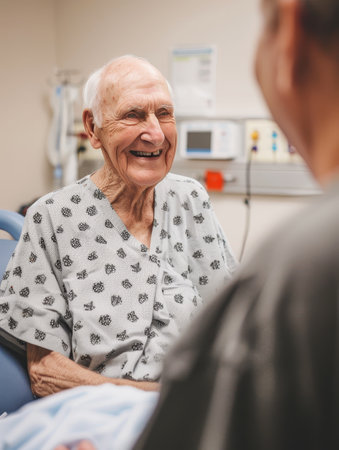 A charming elderly man smiles warmly at his visitor in a hospital room, embodying the spirit of hope and recoveryの素材
