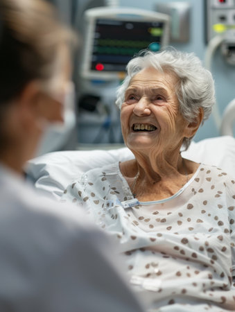 A senior lady's face lights up with delight as she shares a conversation in a hospital, her eyes alight with stories and memoriesの素材