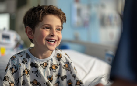 A child's laughter fills the hospital room, his joyful moment in recovery shared with an unseen visitor, showing the resilience of youthの素材